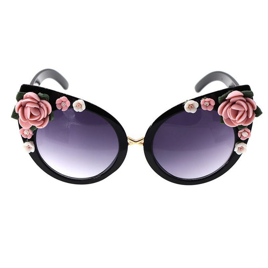 Black Rose-Detail Cat-Eye Sunglasses with Purple Lenses